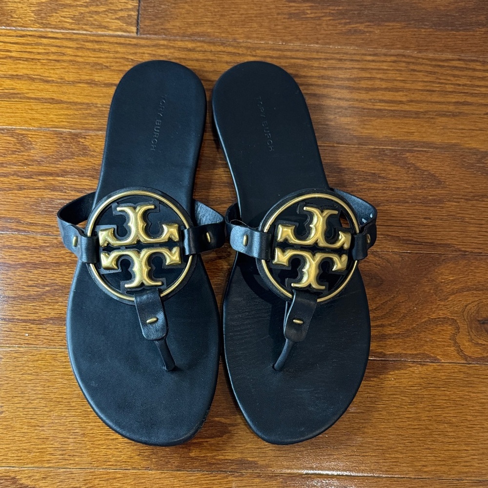Tory Burch Black Sandals with Gold Logo